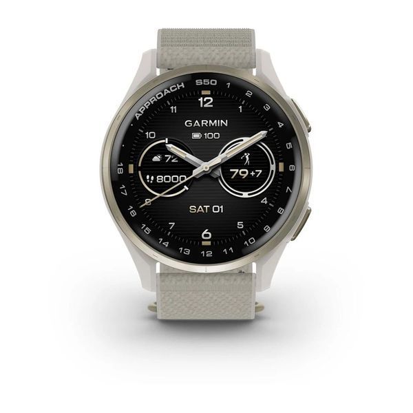 Смарт-годинник Garmin Approach S50 з кремово-золотистим алюмінієвим безелем і нейлоновим ремінцем ComfortFit кольору слонової кістки 010-03010-01 фото
